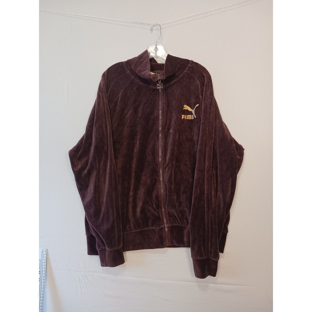 Puma Womens XXL Brown Velour Full Zip Track Jacket Gold Logo Ribbed Sporty 2799